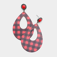 Buffalo Check Print Cut Out Metal Teardrop Dangle Earrings