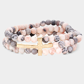 Metal Cross Accented Triple Layered Semi Precious Stretch Bracelet