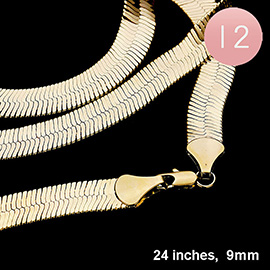 12PCS - 24 INCH, 9mm Gold Plated Superflex Herringbone Chain Necklaces