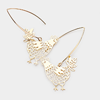 Filigree Rooster Dangle Long Fish Hook Earrings