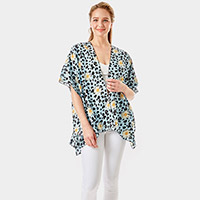 Leopard Pattern Daisy Flower Print Cover Up Kimono Poncho