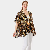 Leopard Pattern Daisy Flower Print Cover Up Kimono Poncho