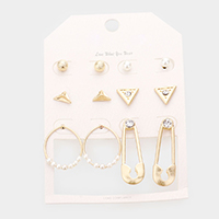 6Pairs - Rhinestone Embellished Geometric Stud Safety Pin Earrings