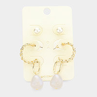 3Pairs - Pearl Metal Chain Half Hoop Abstract Bead Earrings