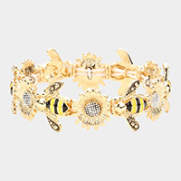 Enamel Honey Bee Two Tone Sunflower Stretch Bracelet