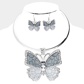 Colored Metal Stone Trim Butterfly Pendant Necklace