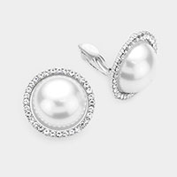 Rhinestone Trim Pearl Clip on Earrings