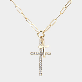 Rhinestone Embellished Metal Cross Pendant Necklace