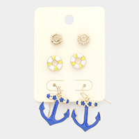 3Pairs - Metal Sun Enamel Tube Anchor Earrings