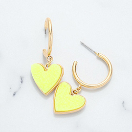 Metal Half Hoop Druzy Heart Dangle Earrings