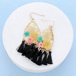 Pressed Flower Lucite Teardrop Tassel Dangle Earrings