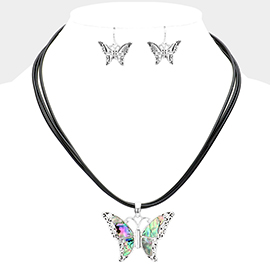 Filigree Metal Abalone Butterfly Pendant Necklace