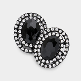 Rhinestone Trim Oval Stone Stud Evening Earrings