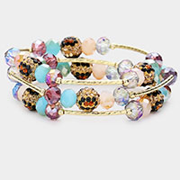 3PCS - Leopard Patterned Shamballa Ball Faceted Beaded Stretch Bracelets