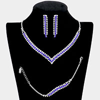 3PCS - Round Stone Detail Rhinestone Necklace Jewelry Set