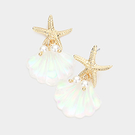 Metal Starfish Pearl Shell Link Dangle Earrings