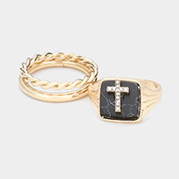 2PCS - Semi Precious Square Rhintestone Cross Metal Split Mixed Ring Set