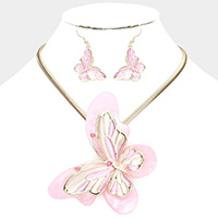 Celluloid Acetate Colored Metal Butterfly Pendant Necklace