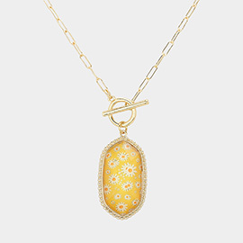 Daisy Flower Patterned Hexagon Pendant Toggle Necklace