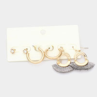 3Pairs - Round Stone Metal Hoop Tassel Fringe Earrings