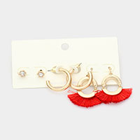 3Pairs - Round Stone Metal Hoop Tassel Fringe Earrings