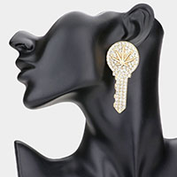 Leaf Accented Rhinestone Embellished Key Earrings