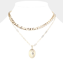 Stone Centered Metal Oval Pendant Double Layered Necklace