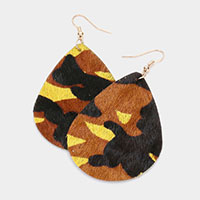 Camouflage Patterned Genuine Leather Teardrop Dangle Earrings