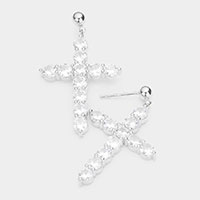 White Gold Dipped CZ Embellished Cross Dangle Earrings