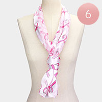 6PCS - Silk Feel Satin Striped Pink Ribbon Pattern Printed Scarves
