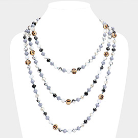 Leopard Pattern Shamballa Ball Accented Faceted Bead Long Necklace