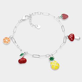 Enamel Orange Cherry Pineapple Mushroom Strawberry Charm Station Bracelet