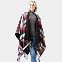 Reversible Plaid Check Patterned Tassel Cape Poncho