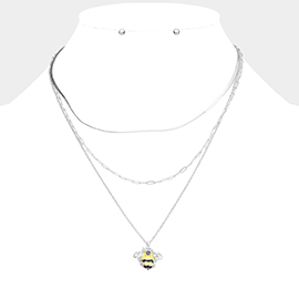 Stone Embellished Enamel Honey Bee Pendant Triple Layered Necklace