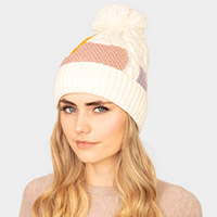 Patch Fleece Pom Pom Beanie Hat