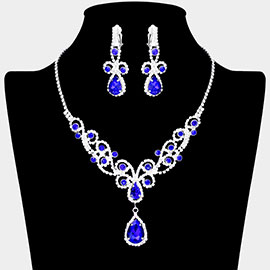 Teardrop Crystal Rhinestone Vine Drop Collar Necklace Clip on Earring Set