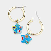 Patterned Star Dangle Metal Hoop Pin Catch Earrings