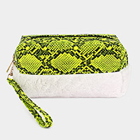 Snake Skin Patterned Faux Leather Soft Fur Wristlet Pouch Bag