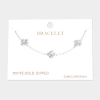 White Gold Dipped CZ Triple Quatrefoil Charm Station Bracelet