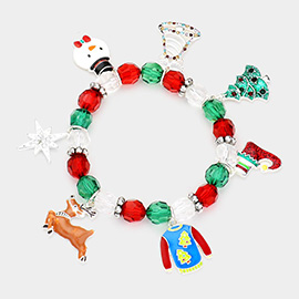 Rudolph Jingle Bell Snowman Christmas Tree Charm Station Stretch Bracelet