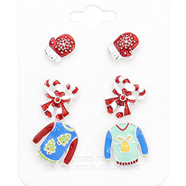 3Pairs - Glittered Glove Candy Cane Cloth Stud Earrings