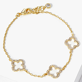 Gold Dipped CZ Triple Quatrefoil Charm Station Bracelet