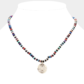 Evil Eye Accented Rhinestone Embellished Round Pendant Beaded Necklace