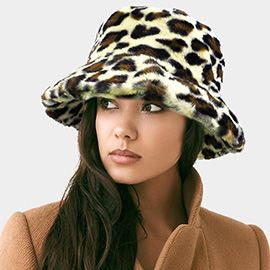 Leopard Patterned Soft Faux Fur Bucket Hat