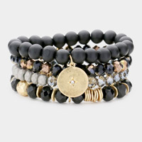 4PCS - North Star Accented Round Charm Wood Faceted Beaded Stretch Bracelets