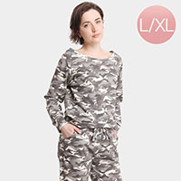 Camouflage Patterned Boat Neck Loungewear Sweatshirts Top