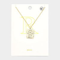 -R- Brass Metal Rectangle Monogram Pendant Necklace