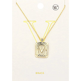 -V- Brass Metal Rectangle Monogram Pendant Necklace