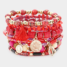 9PCS - Metal Coin Puka Shell Charm Multi Beaded Stretch Bracelets