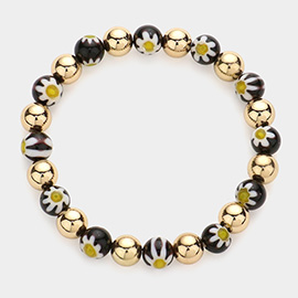 Printed Bead Accented Metal Ball Stretch Bracelet